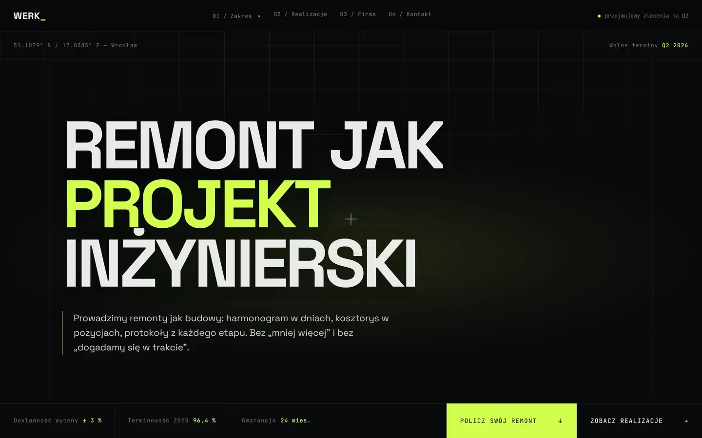 Werk — technical design with a live estimate