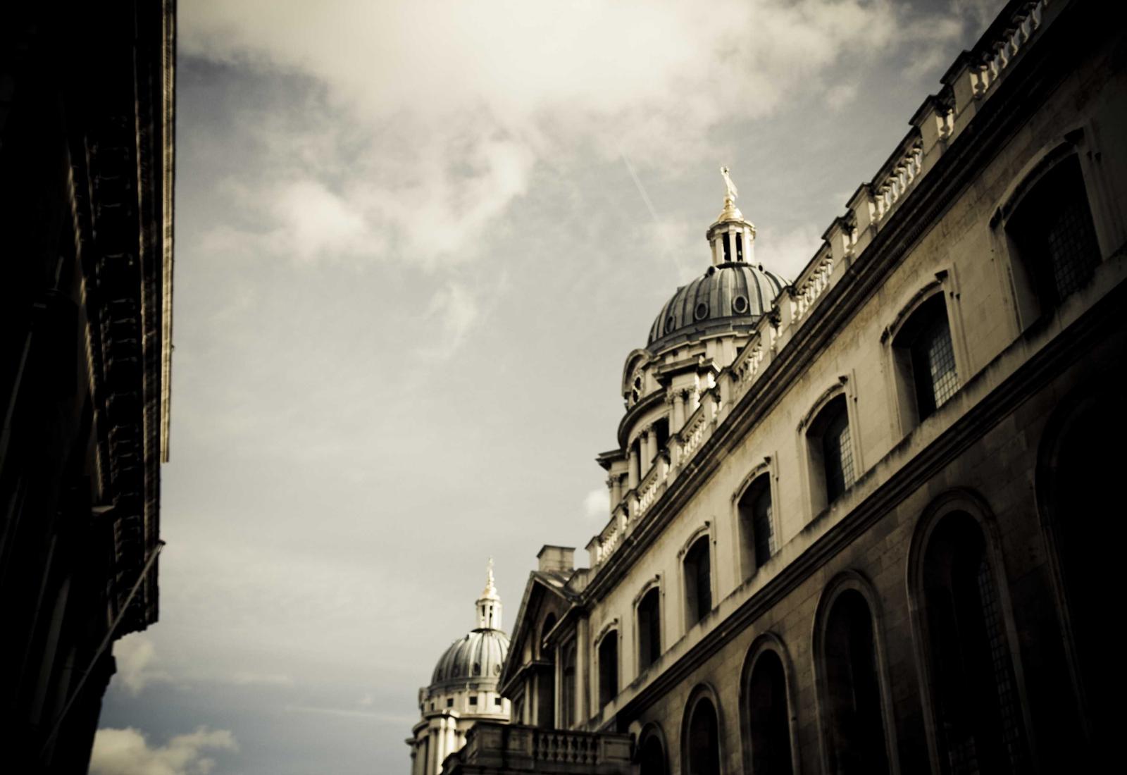 Open sky above the low roofline