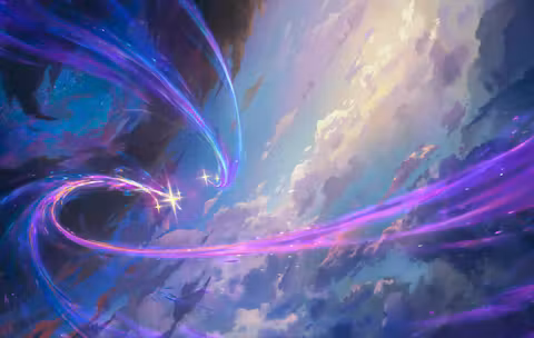 A drawing style image where we are in the sky, surrounded with clouds. We can see two stars and their trails.