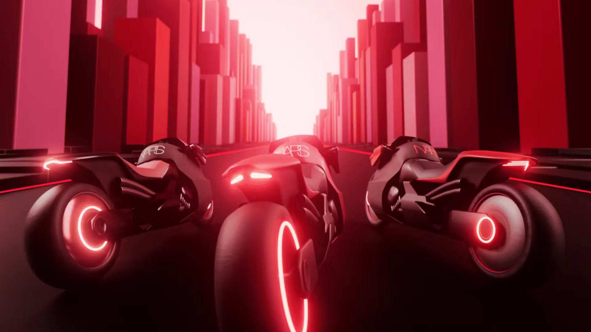3 motorbikes lined up on a street made of lipstick-shaped buildings.