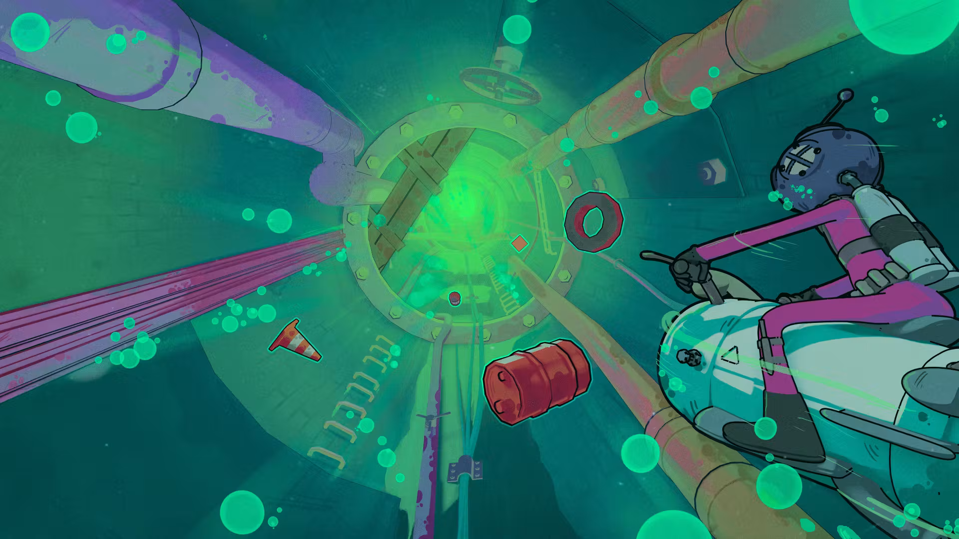 Yuga Halcyon Dash game where the hero is riding a scooter inside a sewer.