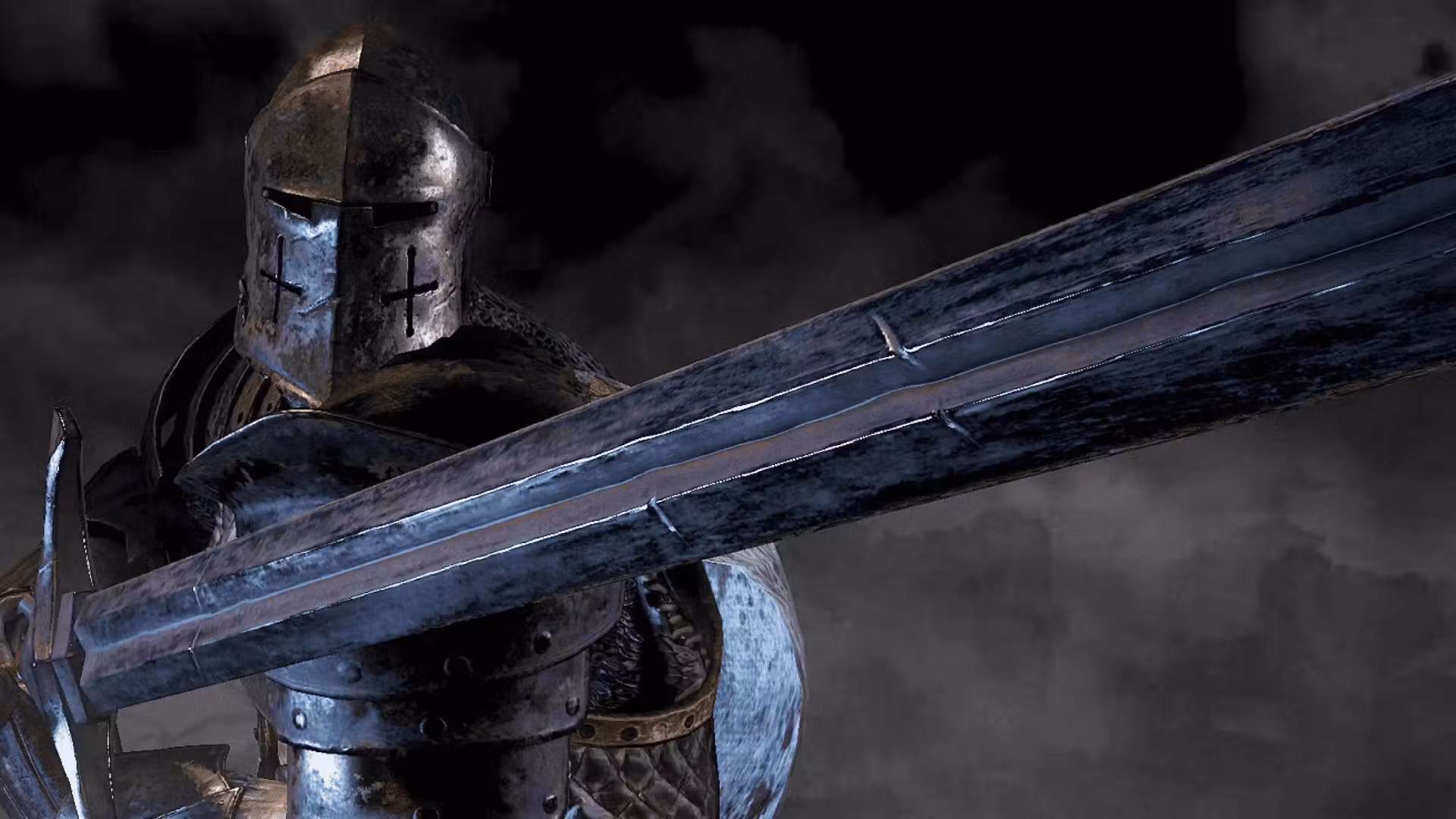 Close up of a knight in full body armour.
